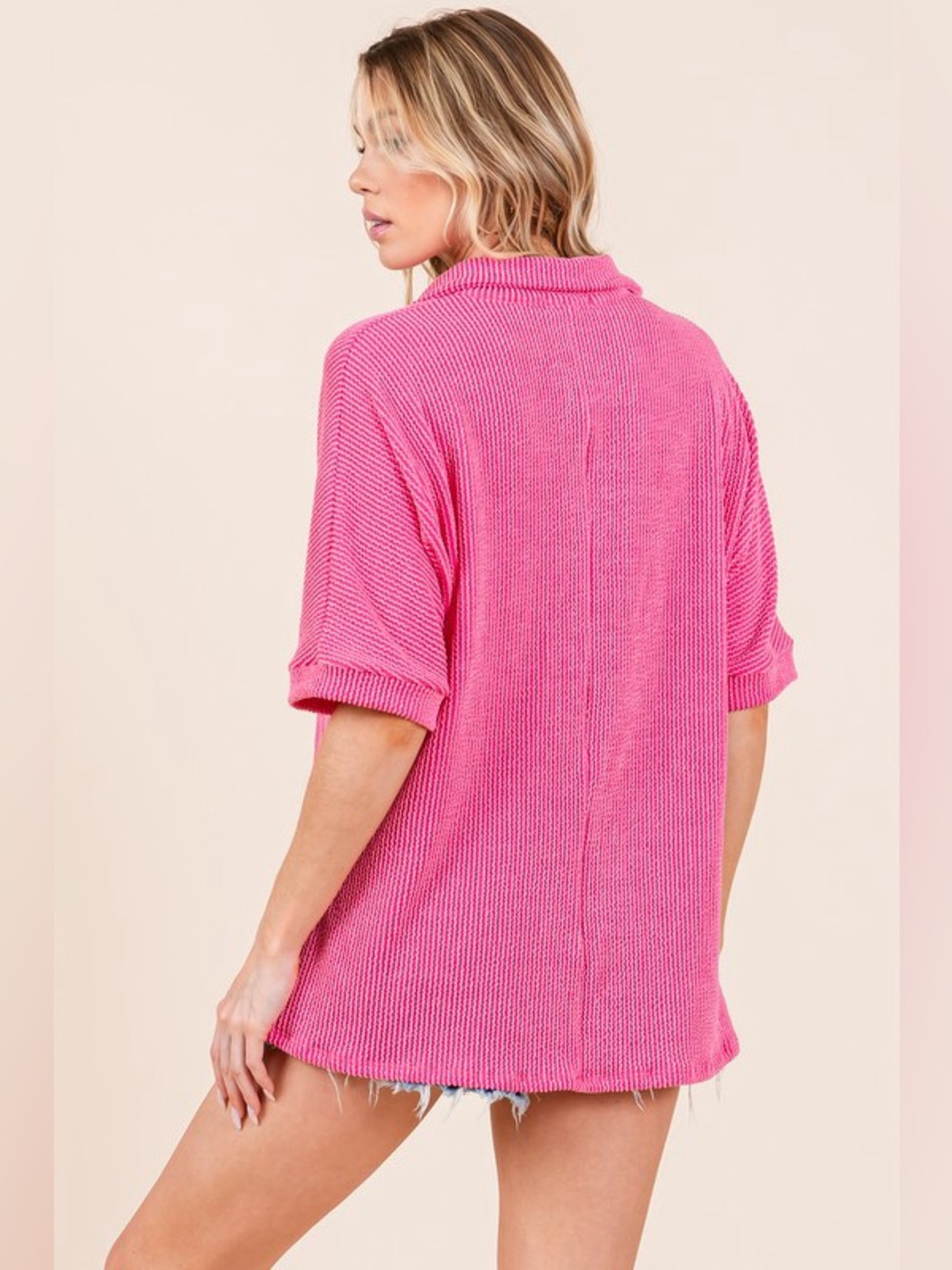BOMBOM Ribbed Collared Neck Top - Picture 5 of 5